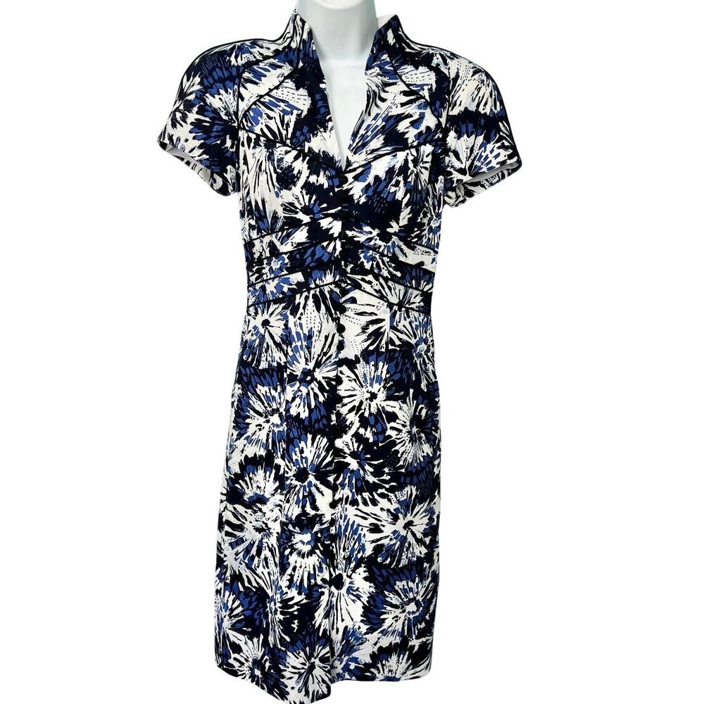 Theia Blue White Black Floral Faux Button Front Mandarin Collar Sheath Dress 2